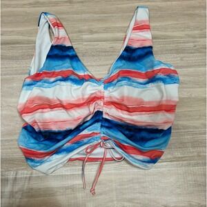 Peyton & Parker Womens XL Tankini Top Blue Coral Striped Ruched V-Neck